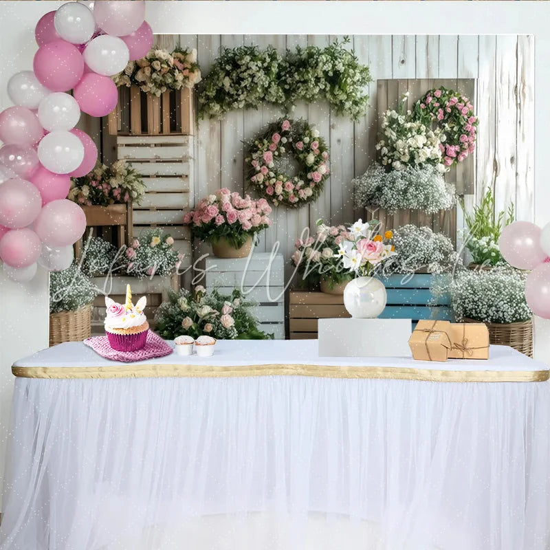 Lofaris Rustic Floral Photography Backdrop with Roses and Wood Crates Elegant Flower Wall Decor for Professional Portrait