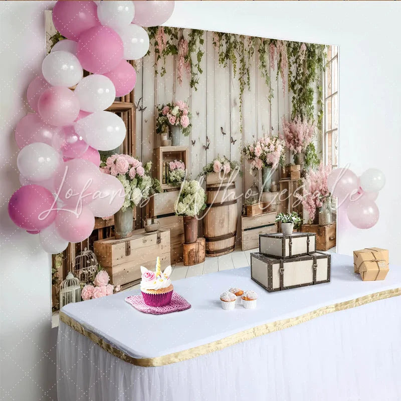 Lofaris Rustic Floral Photography Backdrop with White Wood and Pink Roses Elegant Studio Background for Spring Photoshoot