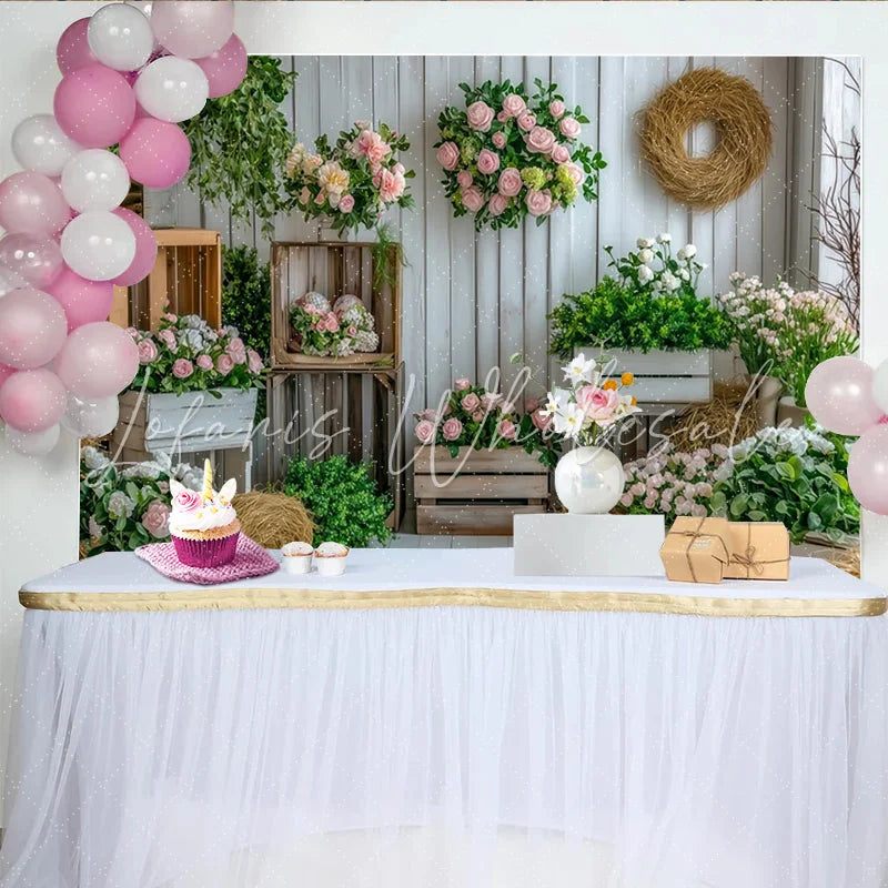 Lofaris Rustic Floral Photography Backdrop with White Wood and Pink Roses Elegant Studio Background for Spring Photoshoot and Event Decor