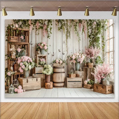 Lofaris Rustic Floral Photography Backdrop with White Wood and Pink Roses Elegant Studio Background for Spring Photoshoot