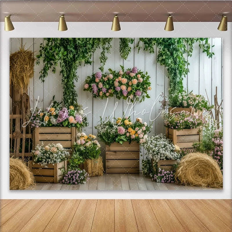 Lofaris Rustic Floral Photography Backdrop with White Wood Wall Lush Vines and Hay Bales Elegant Garden Photo Background for Studio