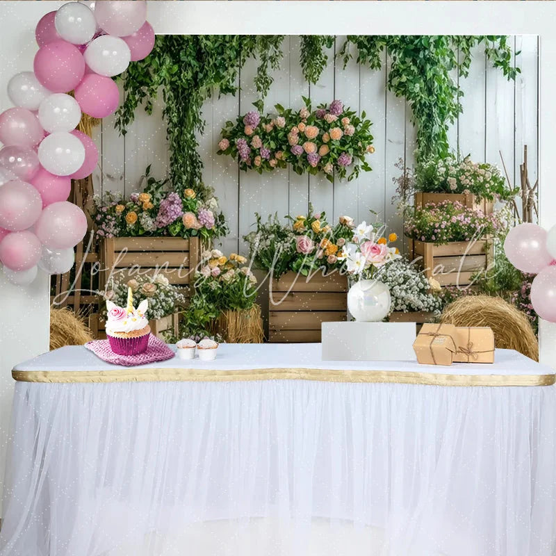 Lofaris Rustic Floral Photography Backdrop with White Wood Wall Lush Vines and Hay Bales Elegant Garden Photo Background for Studio