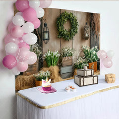 Lofaris Rustic Floral Photography Backdrop with Wooden Wall and Green Wreath Elegant Studio Background for Spring Photoshoot
