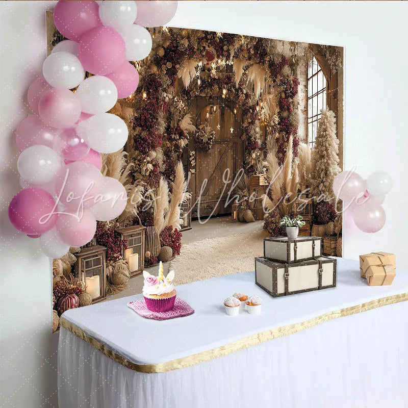 Lofaris Rustic Floral Wedding Backdrop with Pampas Grass and Lanterns Elegant Vintage Wall Tapestry for Studio Photography
