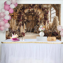 Lofaris Rustic Floral Wedding Backdrop with Pampas Grass and Lanterns Elegant Vintage Wall Tapestry for Studio Photography