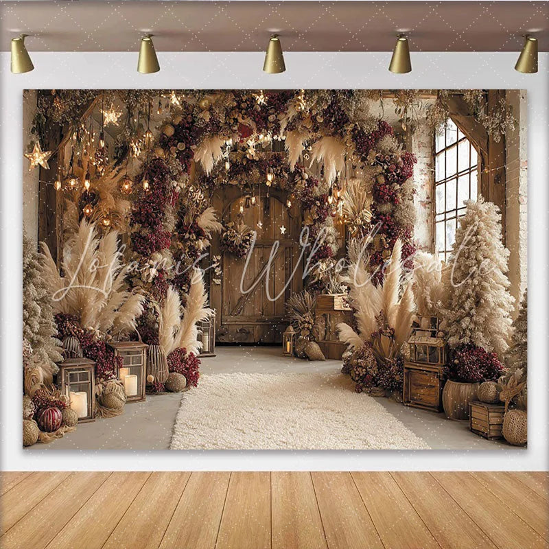 Lofaris Rustic Floral Wedding Backdrop with Pampas Grass and Lanterns Elegant Vintage Wall Tapestry for Studio Photography