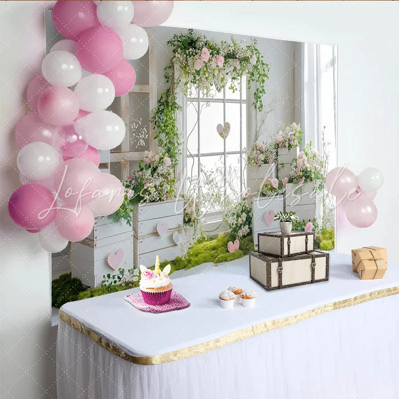 Lofaris Rustic Floral Window Photography Backdrop with Pink Roses and Greenery Elegant Studio Background for Romantic Photoshoot