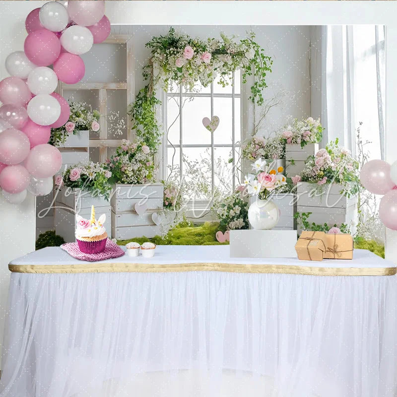 Lofaris Rustic Floral Window Photography Backdrop with Pink Roses and Greenery Elegant Studio Background for Romantic Photoshoot