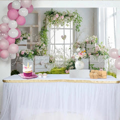 Lofaris Rustic Floral Window Photography Backdrop with Pink Roses and Greenery Elegant Studio Background for Romantic Photoshoot