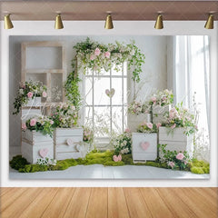 Lofaris Rustic Floral Window Photography Backdrop with Pink Roses and Greenery Elegant Studio Background for Romantic Photoshoot