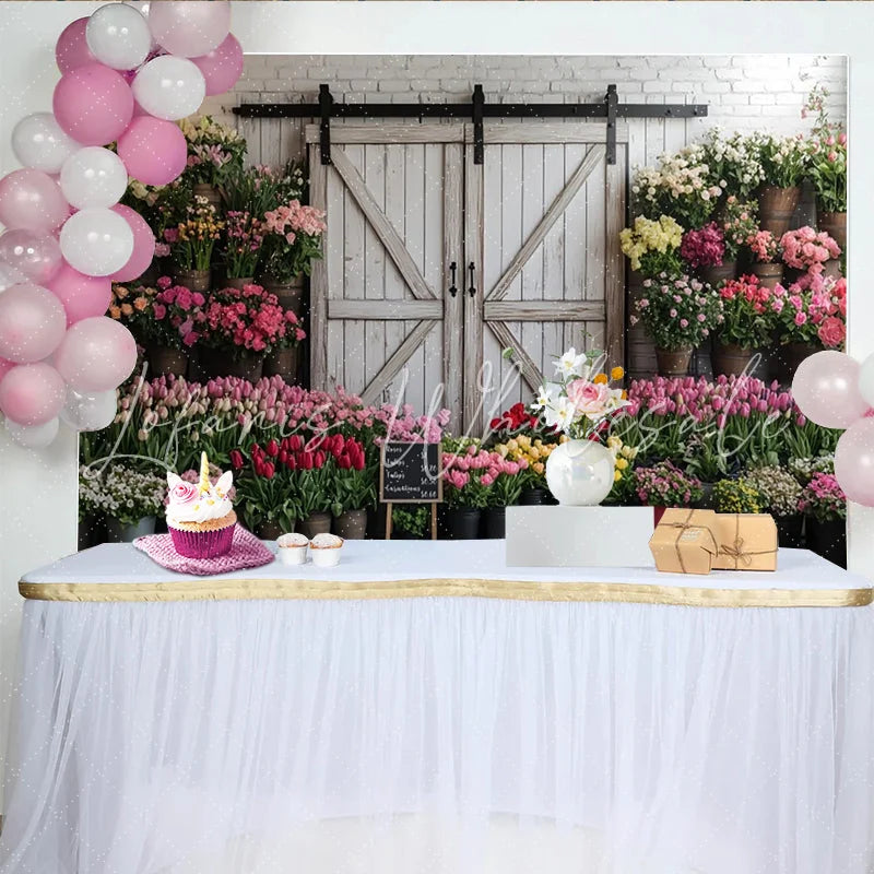 Lofaris Rustic Flower Market Photography Backdrop with White Barn Door and Colorful Flowers Studio Background for Spring Photoshoot