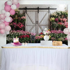 Lofaris Rustic Flower Market Photography Backdrop with White Barn Door and Colorful Flowers Studio Background for Spring Photoshoot