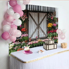 Lofaris Rustic Flower Shop Photography Backdrop with Barn Door Charming Studio Background for Portraits and Events