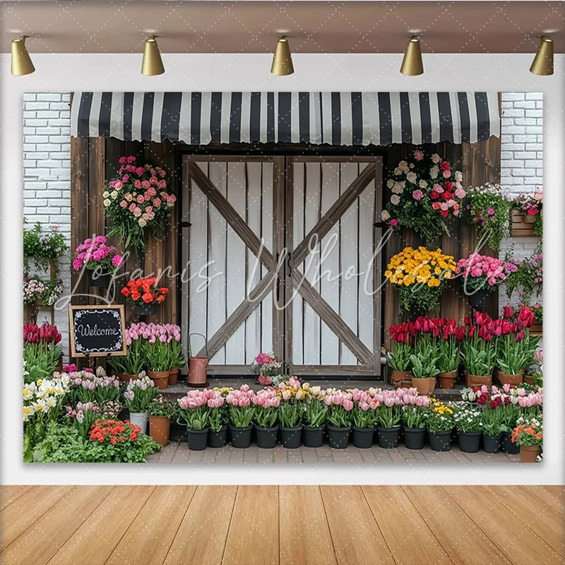 Lofaris Rustic Flower Shop Photography Backdrop with Barn Door Charming Studio Background for Portraits and Events