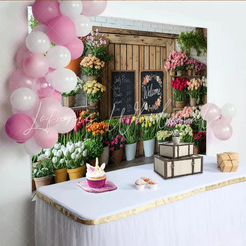 Lofaris Rustic Flower Shop Photography Backdrop with Welcome Sign Floral Decor and White Brick Wall Background for Photoshoot