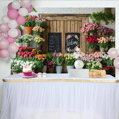 Lofaris Rustic Flower Shop Photography Backdrop with Welcome Sign Floral Decor and White Brick Wall Background for Photoshoot