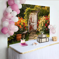 Lofaris Rustic Garden Photography Backdrop with Old Wooden Door Charming Stone Path Background for Professional Photoshoot