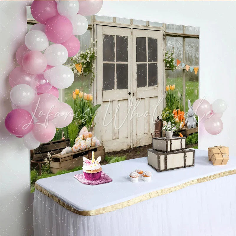 Lofaris Rustic Greenhouse with Easter Eggs and Bunny Party Backdrop Spring Floral Celebration Decor