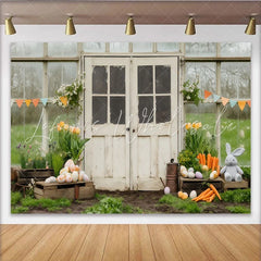 Lofaris Rustic Greenhouse with Easter Eggs and Bunny Party Backdrop Spring Floral Celebration Decor