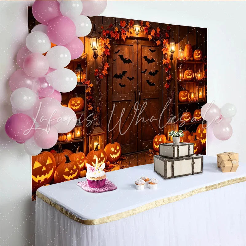 Lofaris Rustic Halloween Backdrop with Glowing Pumpkins and Bats Autumn Leaves and Lanterns for Spooky Party Decor and Photoshoot