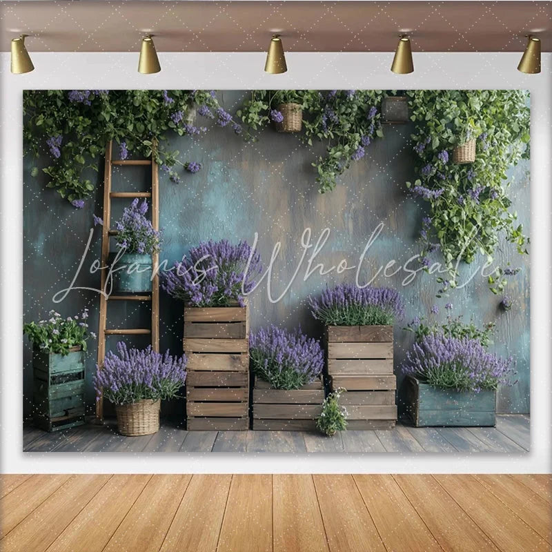 Lofaris Rustic Lavender Floral Photography Backdrop with Wooden Crates and Green Vines Natural Studio Background for Portrait Photoshoot