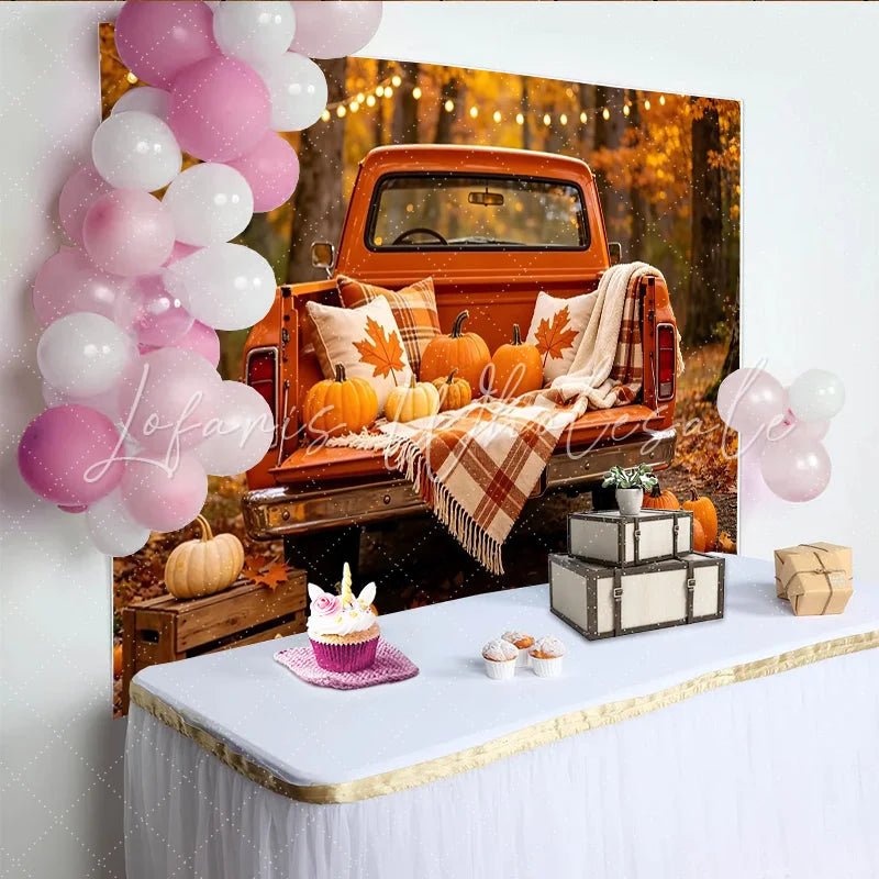 Lofaris Rustic Orange Pickup Truck Autumn Photography Backdrop with Pumpkins and Fall Leaves Harvest Season Studio Background.