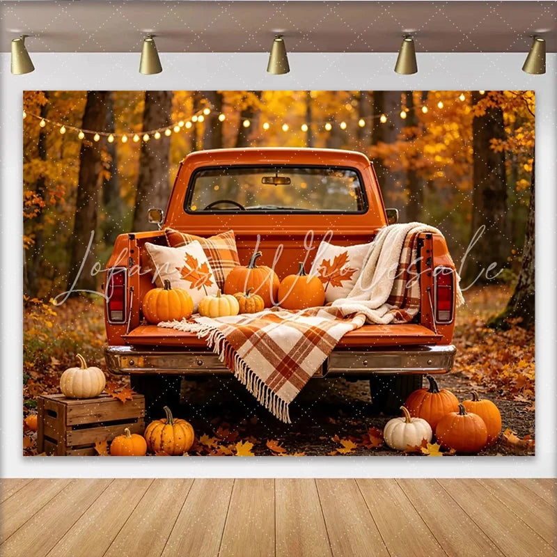 Lofaris Rustic Orange Pickup Truck Autumn Photography Backdrop with Pumpkins and Fall Leaves Harvest Season Studio Background.