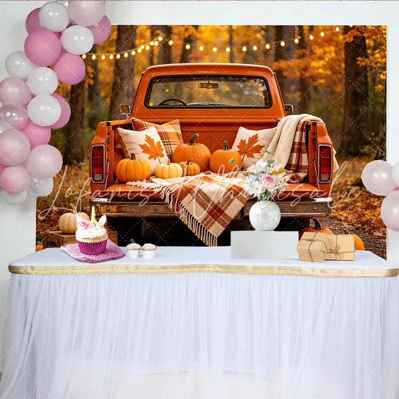 Lofaris Rustic Orange Pickup Truck Autumn Photography Backdrop with Pumpkins and Fall Leaves Harvest Season Studio Background.