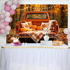 Lofaris Rustic Orange Pickup Truck Autumn Photography Backdrop with Pumpkins and Fall Leaves Harvest Season Studio Background.