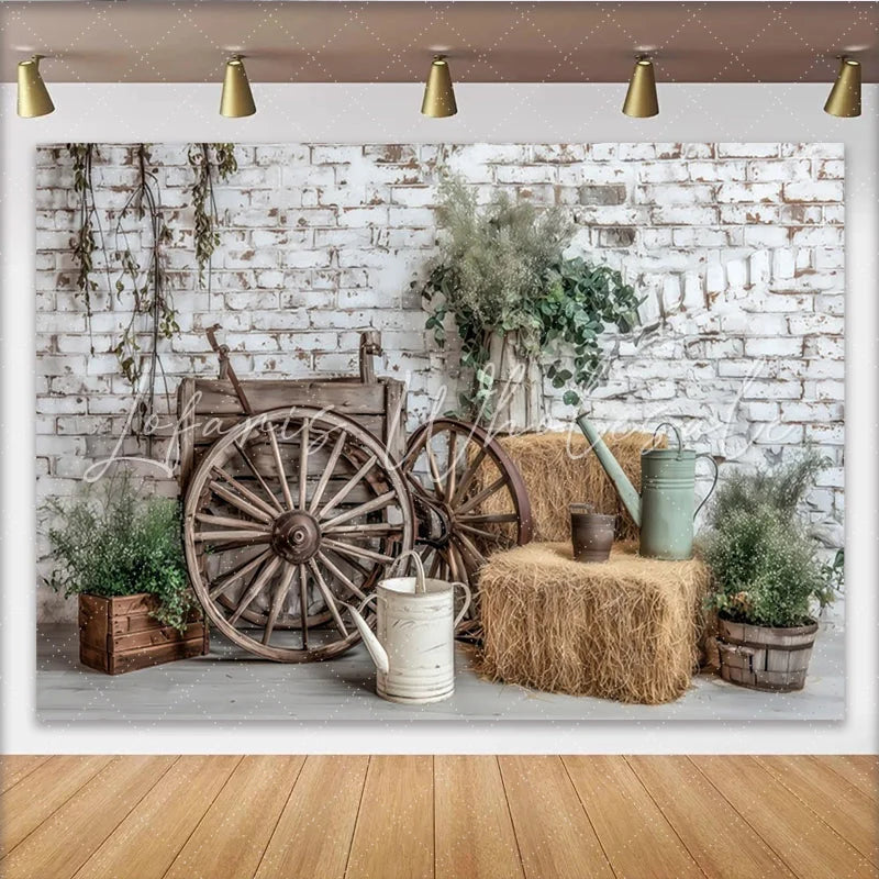 Lofaris Rustic Photography Backdrop with White Brick Wall and Wooden Wagon Wheels Farmhouse Studio Background for Portraits and Events.