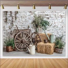 Lofaris Rustic Photography Backdrop with White Brick Wall and Wooden Wagon Wheels Farmhouse Studio Background for Portraits and Events.