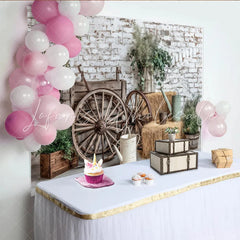 Lofaris Rustic Photography Backdrop with White Brick Wall and Wooden Wagon Wheels Farmhouse Studio Background for Portraits and Events.