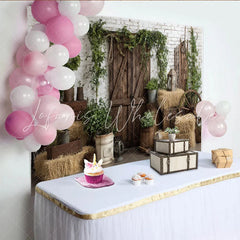 Lofaris Rustic Photography Backdrop with White Brick Wall Wooden Barn Door and Hay Bales Farmhouse Studio Background for Photoshoot
