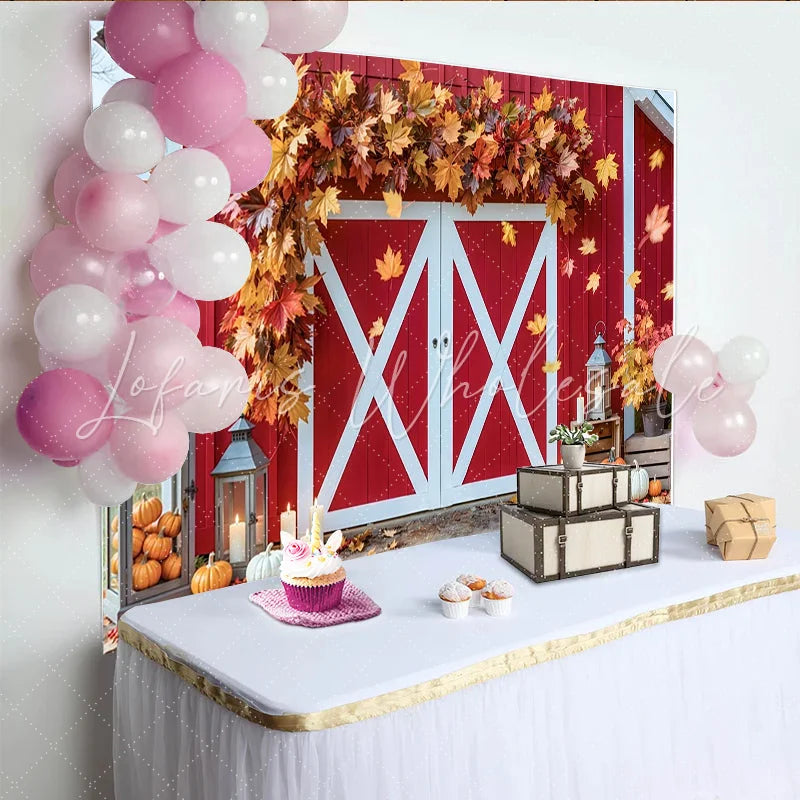 Lofaris Rustic Red Barn Autumn Backdrop for Fall Photoshoot featuring Maple Leaves and Pumpkins Wood Background Prop