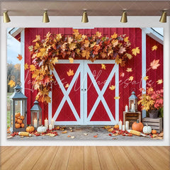 Lofaris Rustic Red Barn Autumn Backdrop for Fall Photoshoot featuring Maple Leaves and Pumpkins Wood Background Prop