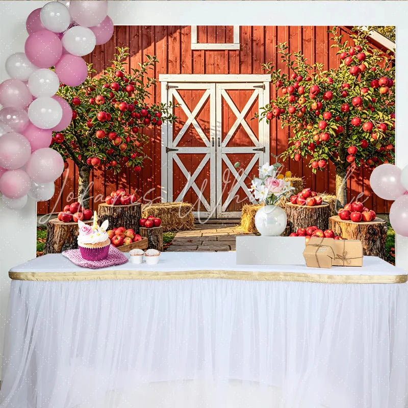Lofaris Rustic Red Barn Autumn Backdrop for Harvest Photoshoot Apple Orchard Background with Hay Bales and Wooden Crates