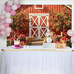 Lofaris Rustic Red Barn Autumn Backdrop for Harvest Photoshoot Apple Orchard Background with Hay Bales and Wooden Crates