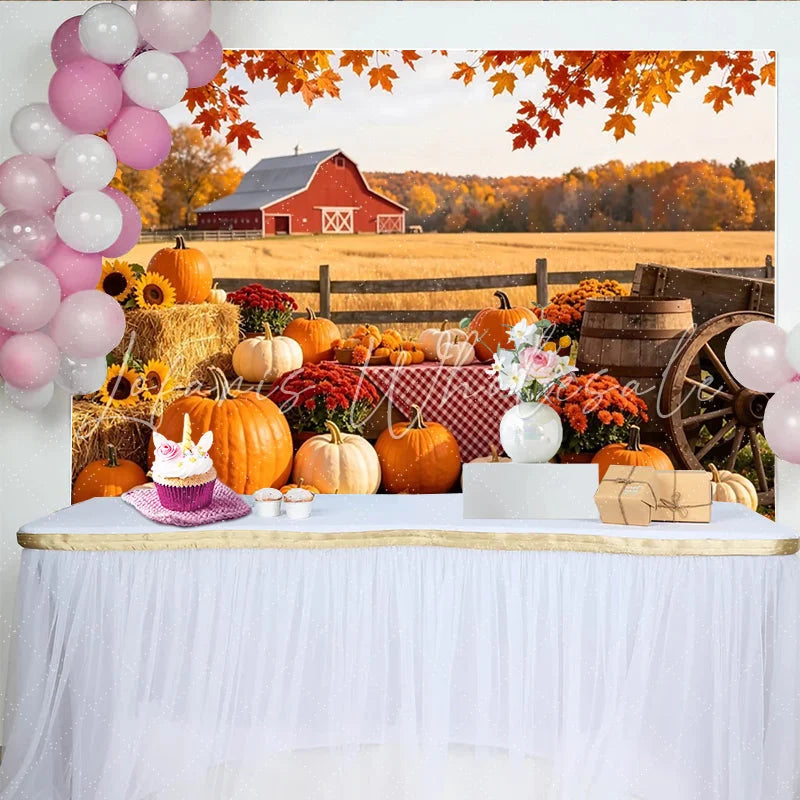 Lofaris Rustic Red Barn Autumn Harvest Backdrop Pumpkins and Fall Leaves Farmhouse Photo Background for Fall Party Decor