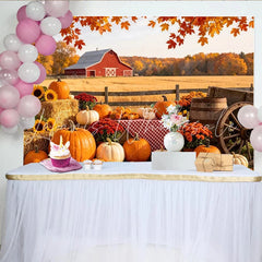 Lofaris Rustic Red Barn Autumn Harvest Backdrop Pumpkins and Fall Leaves Farmhouse Photo Background for Fall Party Decor