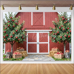 Lofaris Rustic Red Barn Autumn Orchard Backdrop for Fall Photoshoot Apple Tree and Hay Bale Background for Portrait Studio