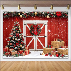 Lofaris Rustic Red Barn Christmas Backdrop with Snow and Decorated Tree Festive Winter Holiday Background for Family Photoshoot