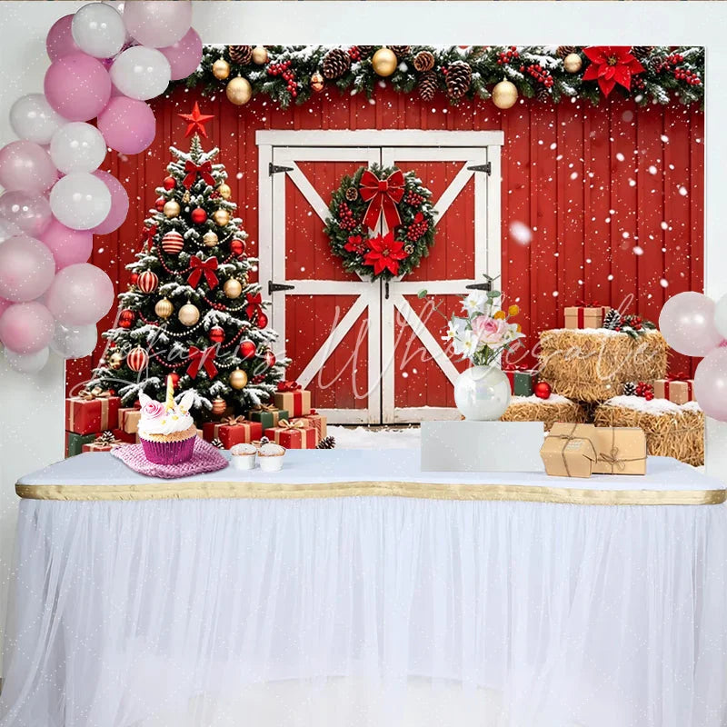 Lofaris Rustic Red Barn Christmas Backdrop with Snow and Decorated Tree Festive Winter Holiday Background for Family Photoshoot