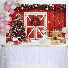 Lofaris Rustic Red Barn Christmas Backdrop with Snow and Decorated Tree Festive Winter Holiday Background for Family Photoshoot