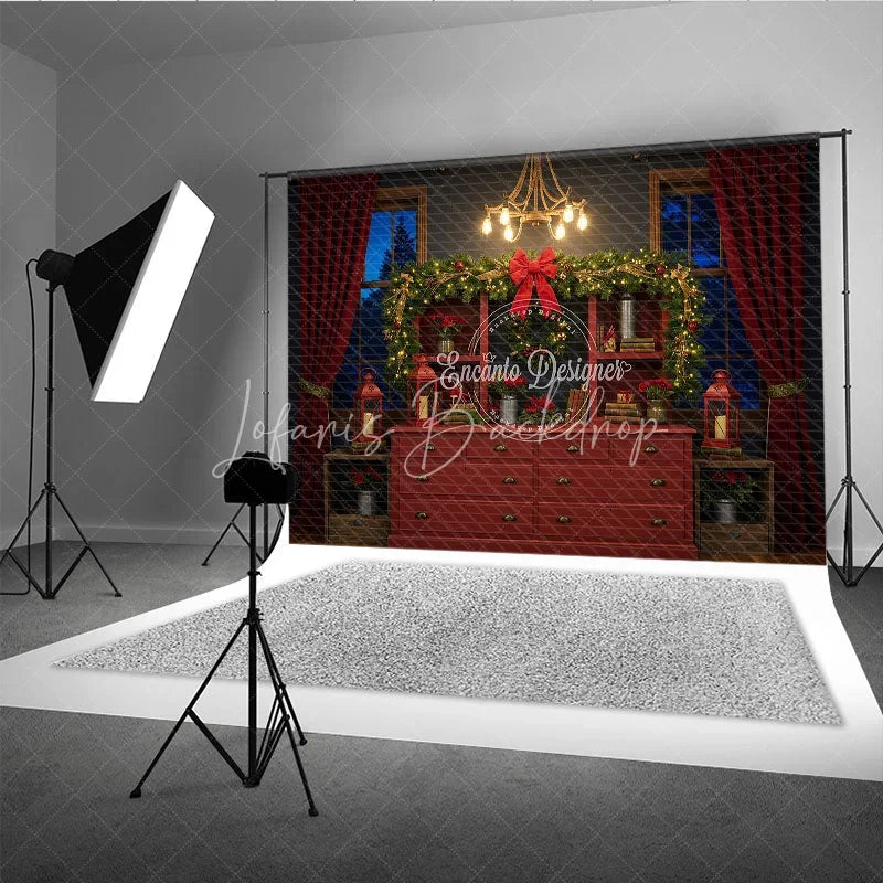 Lofaris Rustic Red Hutch Christmas Photography Backdrop Cozy Farmhouse Decor Holiday Mini Session Background