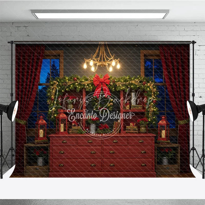 Lofaris Rustic Red Hutch Christmas Photography Backdrop Cozy Farmhouse Decor Holiday Mini Session Background