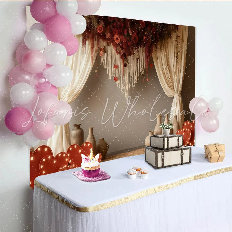 Lofaris Rustic Red Roses and Hearts Macrame Party Backdrop with Cream Curtains for Valentine’s Day Wedding