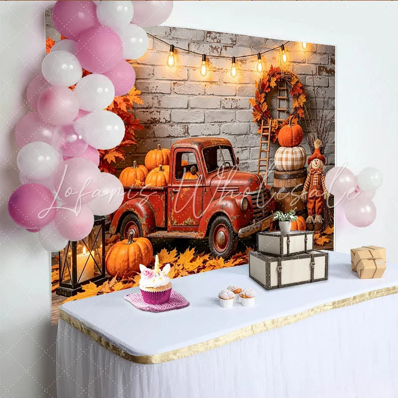 Lofaris Rustic Red Truck Autumn Photography Backdrop with Pumpkins and Fall Leaves Cozy Harvest Scene Background for Studio Photoshoot