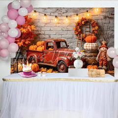 Lofaris Rustic Red Truck Autumn Photography Backdrop with Pumpkins and Fall Leaves Cozy Harvest Scene Background for Studio Photoshoot