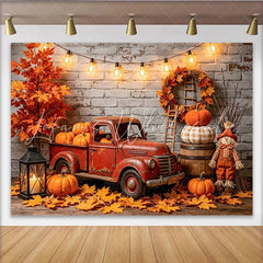 Lofaris Rustic Red Truck Autumn Photography Backdrop with Pumpkins and Fall Leaves Cozy Harvest Scene Background for Studio Photoshoot