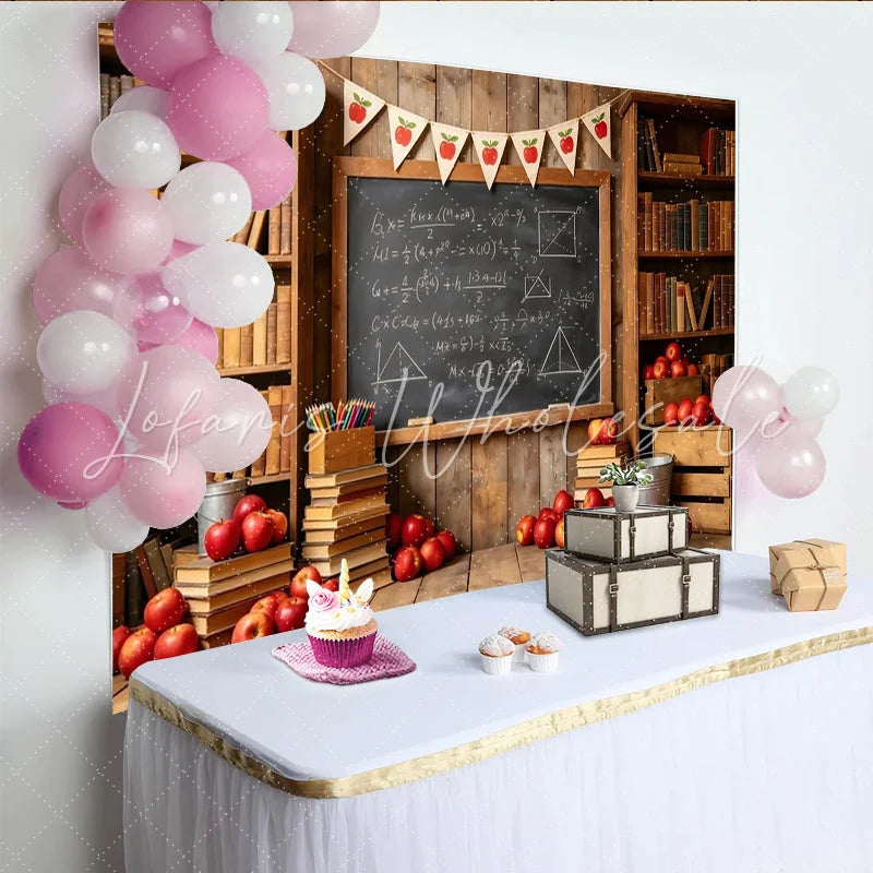 Lofaris Rustic School Photography Backdrop with Bookshelves and Blackboard Vintage Classroom Background for Teacher Appreciation.